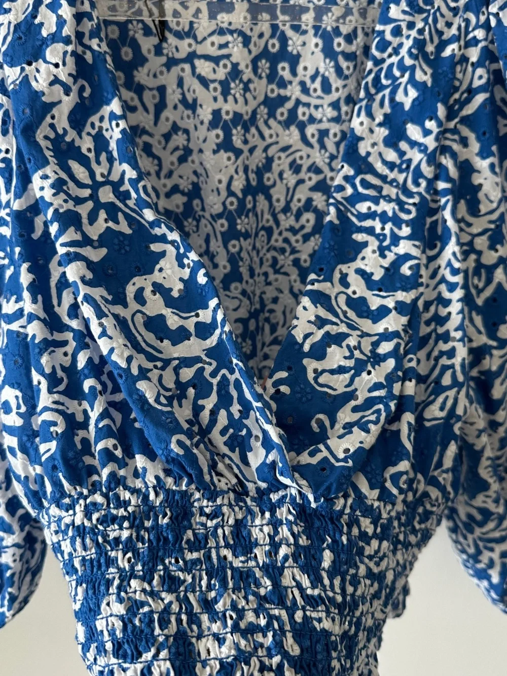 Zara Blue and White Floral Print V-Neck Smocked Waist Blouse